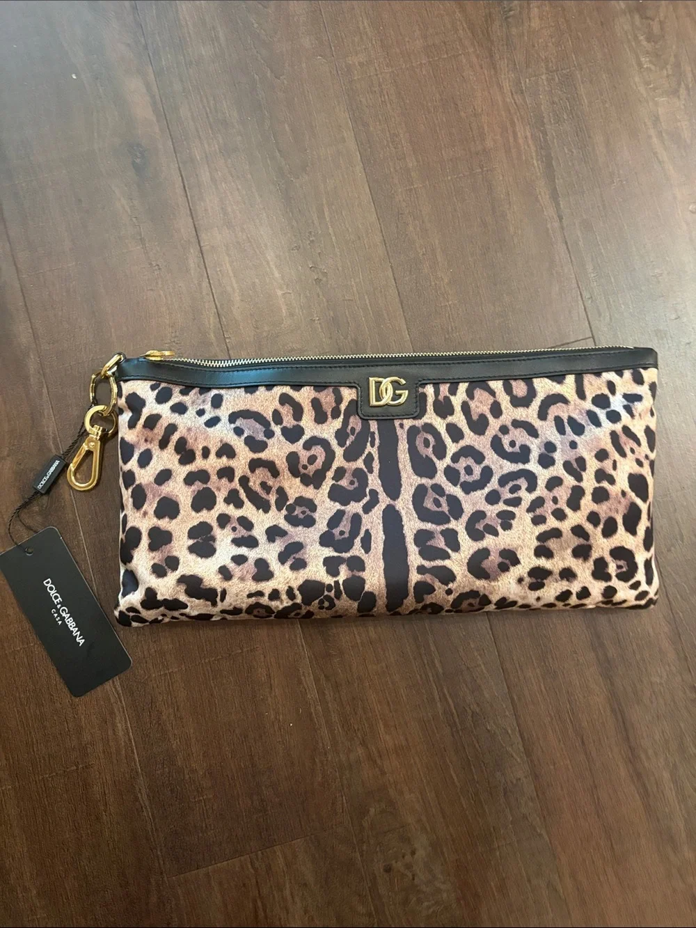 Dolce & Gabbana Leopard Print Satin Clutch in Brown and Black with Gold Hardware
